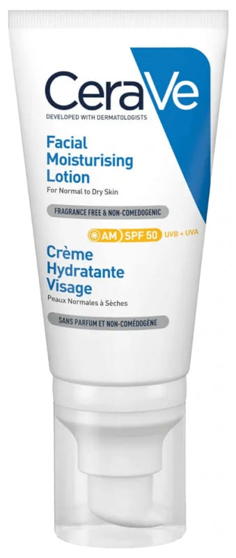 CeraVe Moisturising Face Cream SPF50 for normal to dry skin — fragrance-free daily moisturiser with built-in sun protection