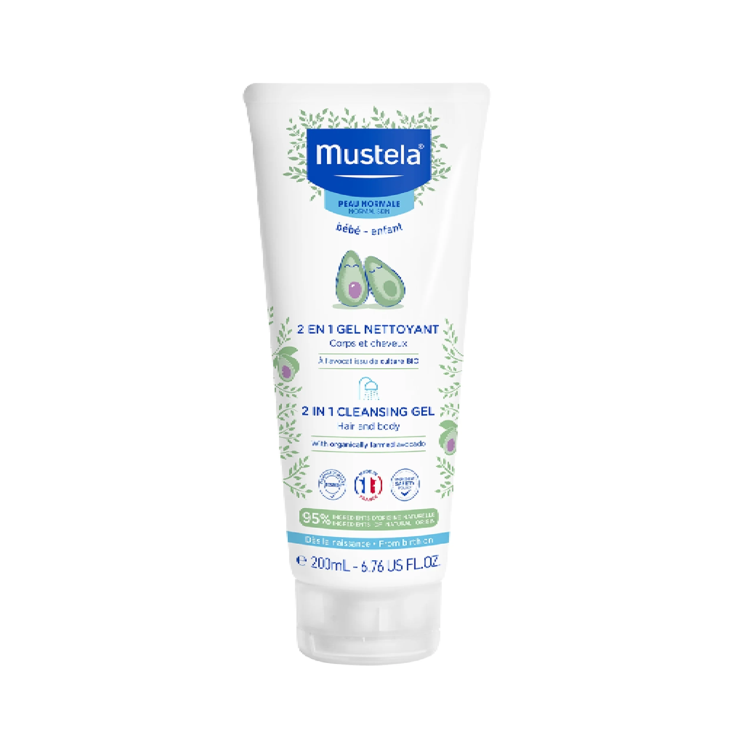 Mustela 2 in 1 Cleansing Gel Hair and Body 200ml tear-free soap-free baby wash with Avocado Perseose from birth