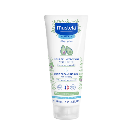 Mustela 2 in 1 Cleansing Gel Hair and Body 200ml tear-free soap-free baby wash with Avocado Perseose from birth