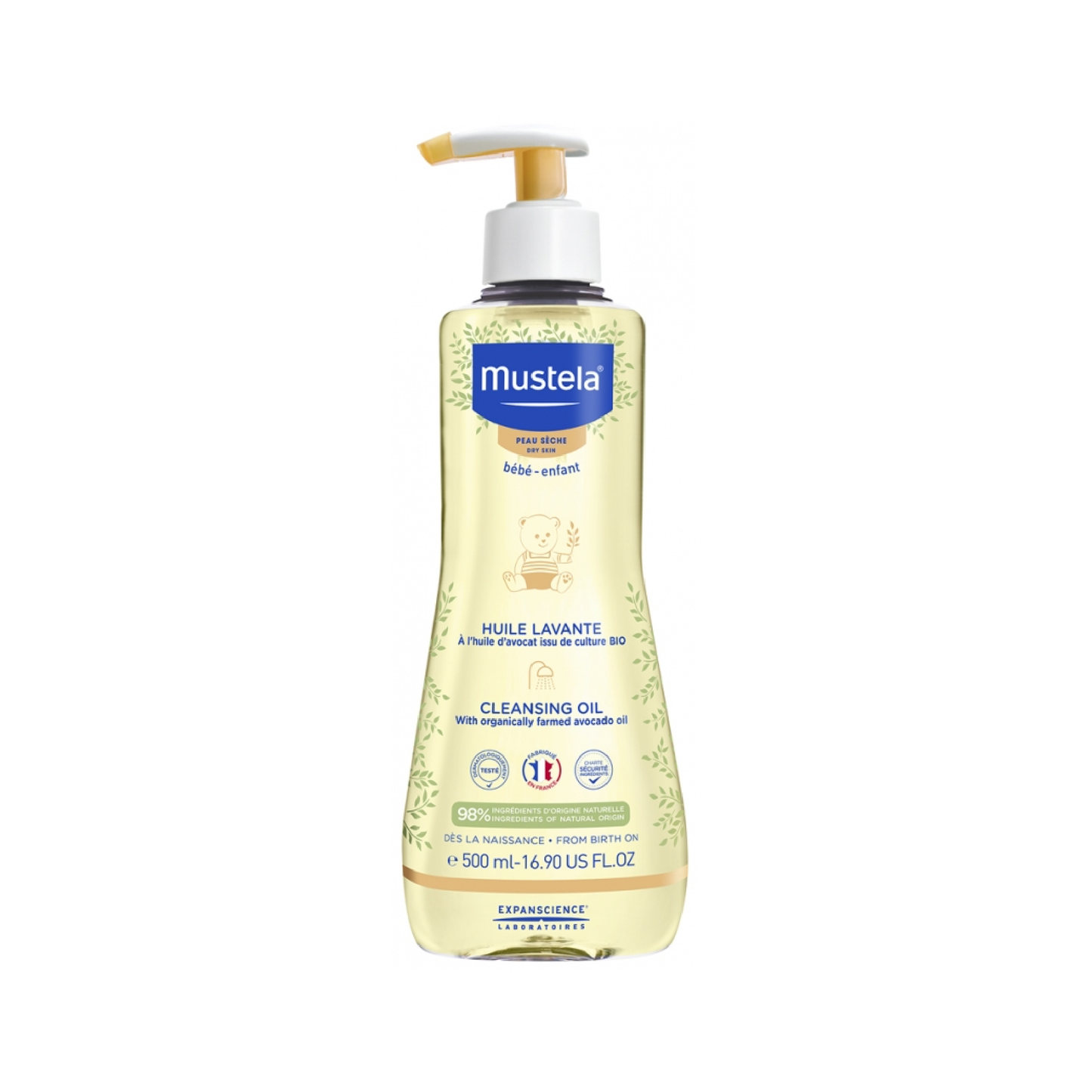 Mustela Baby-Child Cleansing Oil Dry Skin 500ml pump bottle with organic Avocado oil 98% natural biodegradable formula from birth