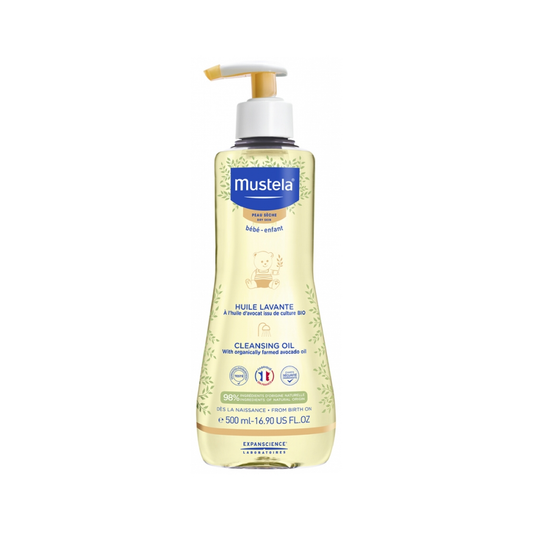Mustela Baby-Child Cleansing Oil Dry Skin 500ml pump bottle with organic Avocado oil 98% natural biodegradable formula from birth
