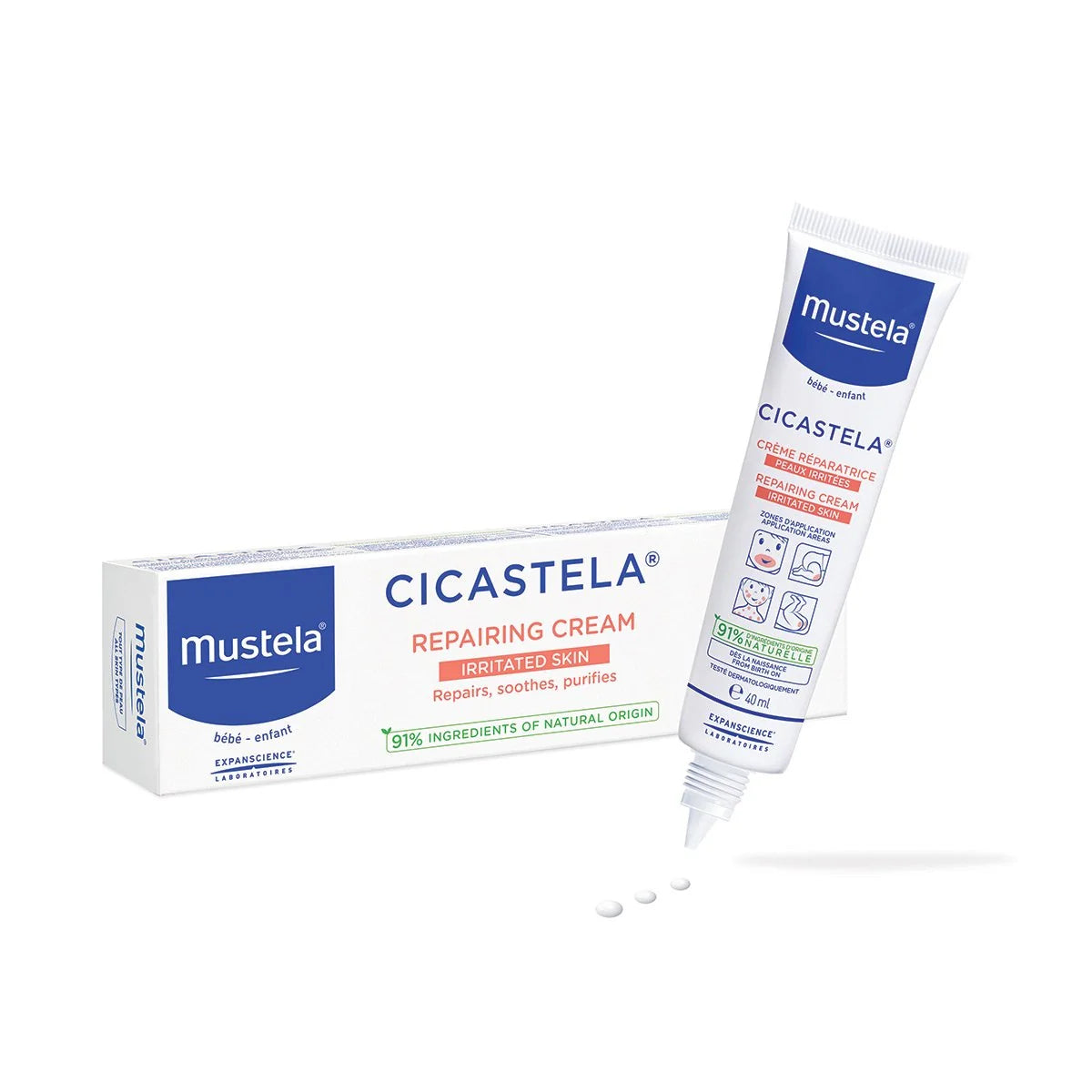 Mustela Cicastela Repairing Cream with panthenol helps soothe baby's skin and hyaluronic acid helps retain moisture for a soft and supple feel.
