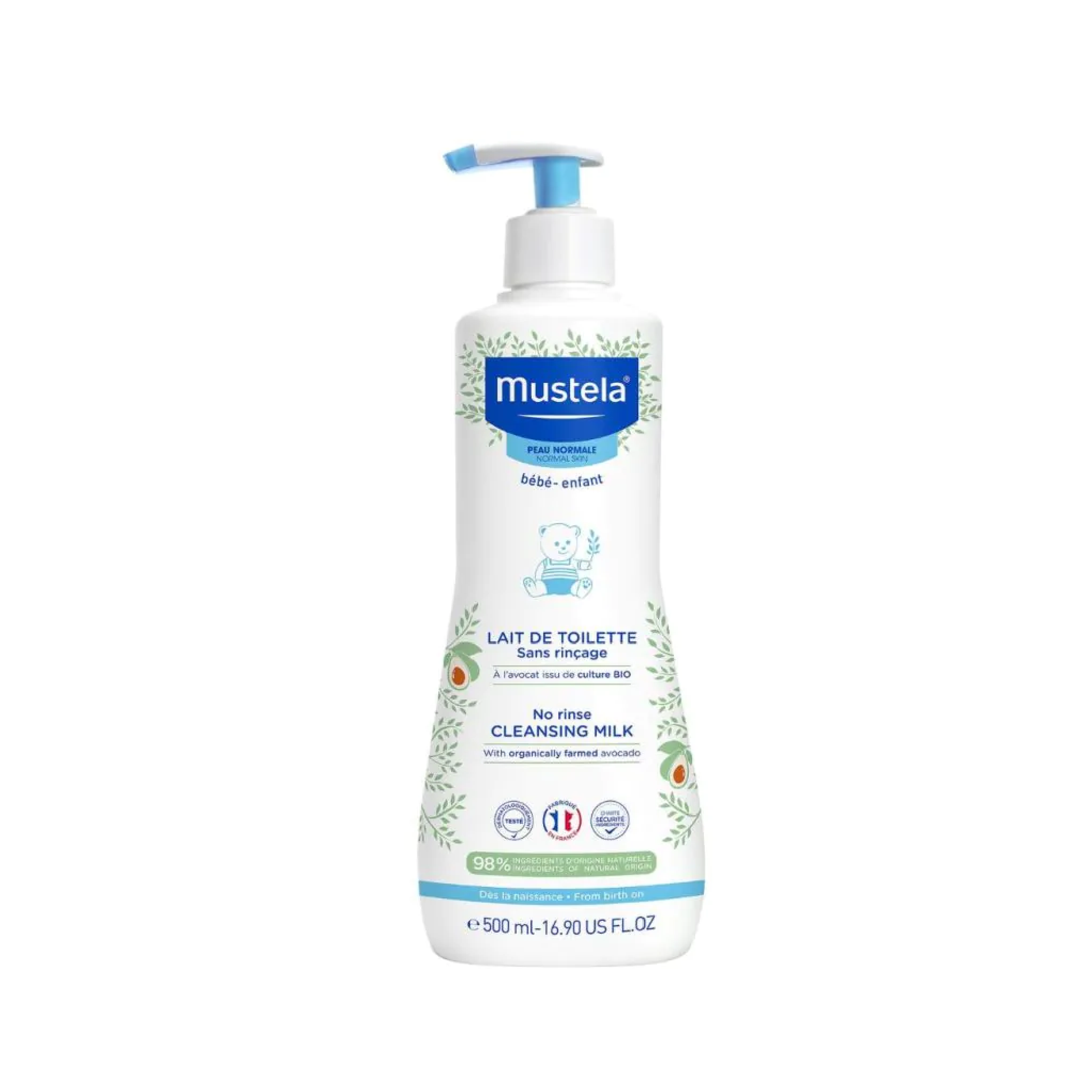 Mustela No Rinse Cleansing Milk 500ml with organic Avocado Perseose for gentle daily cleansing of baby's face and nappy area from birth