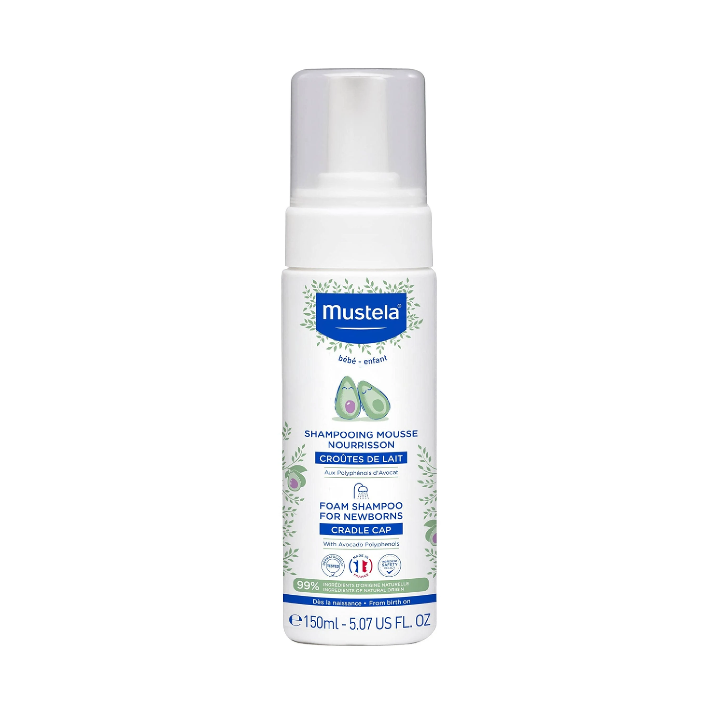 Mustela Foam Shampoo for Newborns 150ml airless bottle with Avocado Polyphenols for gentle scalp cleansing from birth