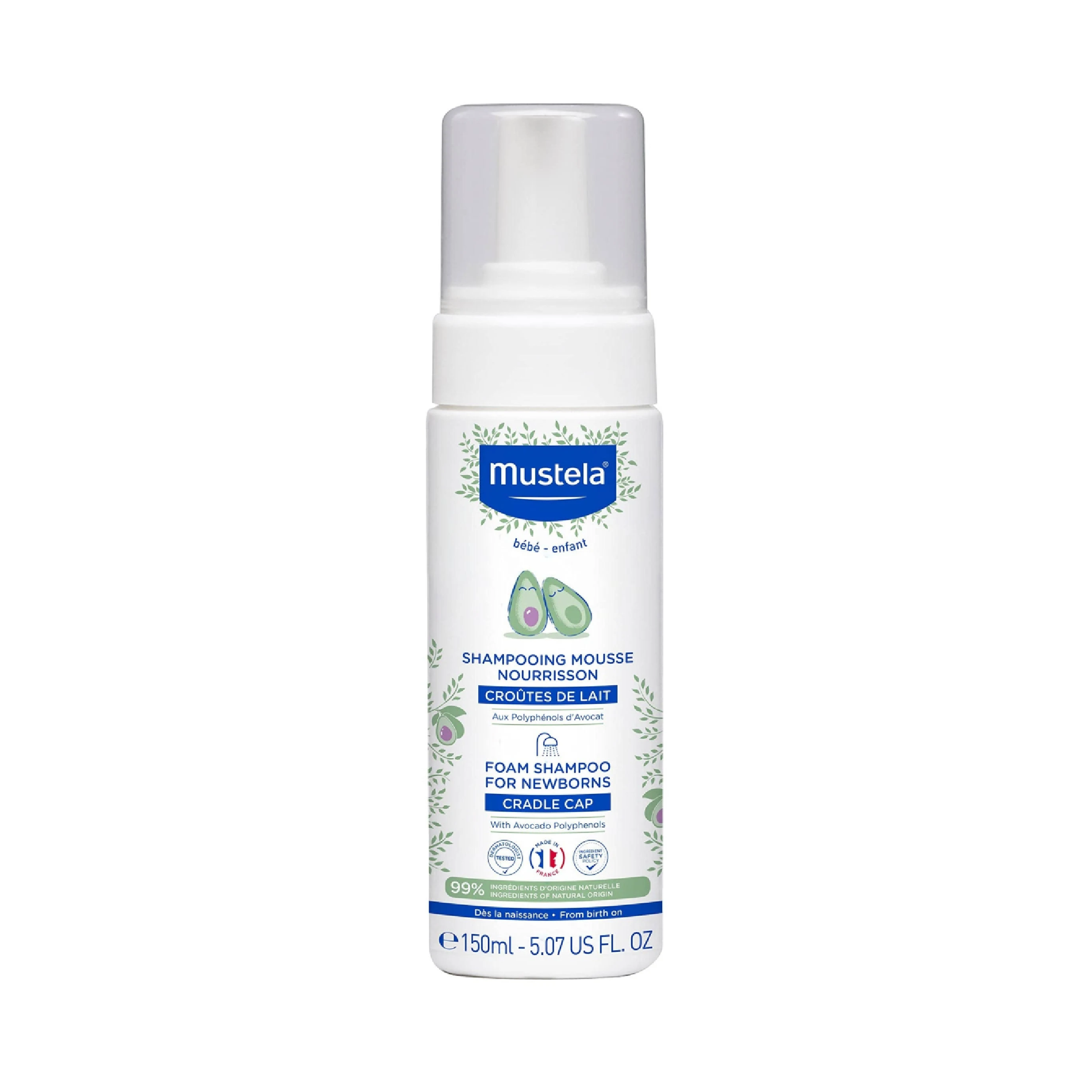 Mustela Foam Shampoo for Newborns 150ml airless bottle with Avocado Polyphenols for gentle scalp cleansing from birth