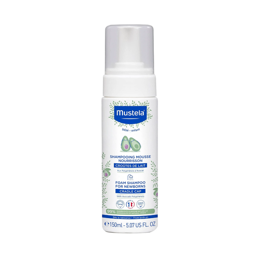 Mustela Foam Shampoo for Newborns 150ml airless bottle with Avocado Polyphenols for gentle scalp cleansing from birth