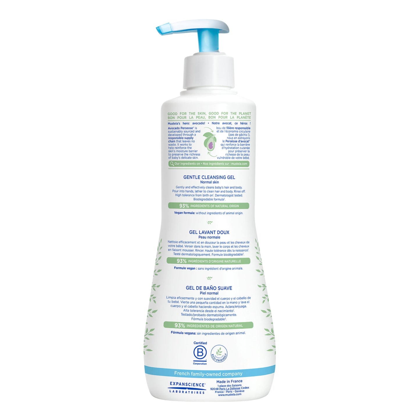 Mustela baby cleansing gel with organic avocado 500ml 93% natural vegan formula dermatologically tested for newborns