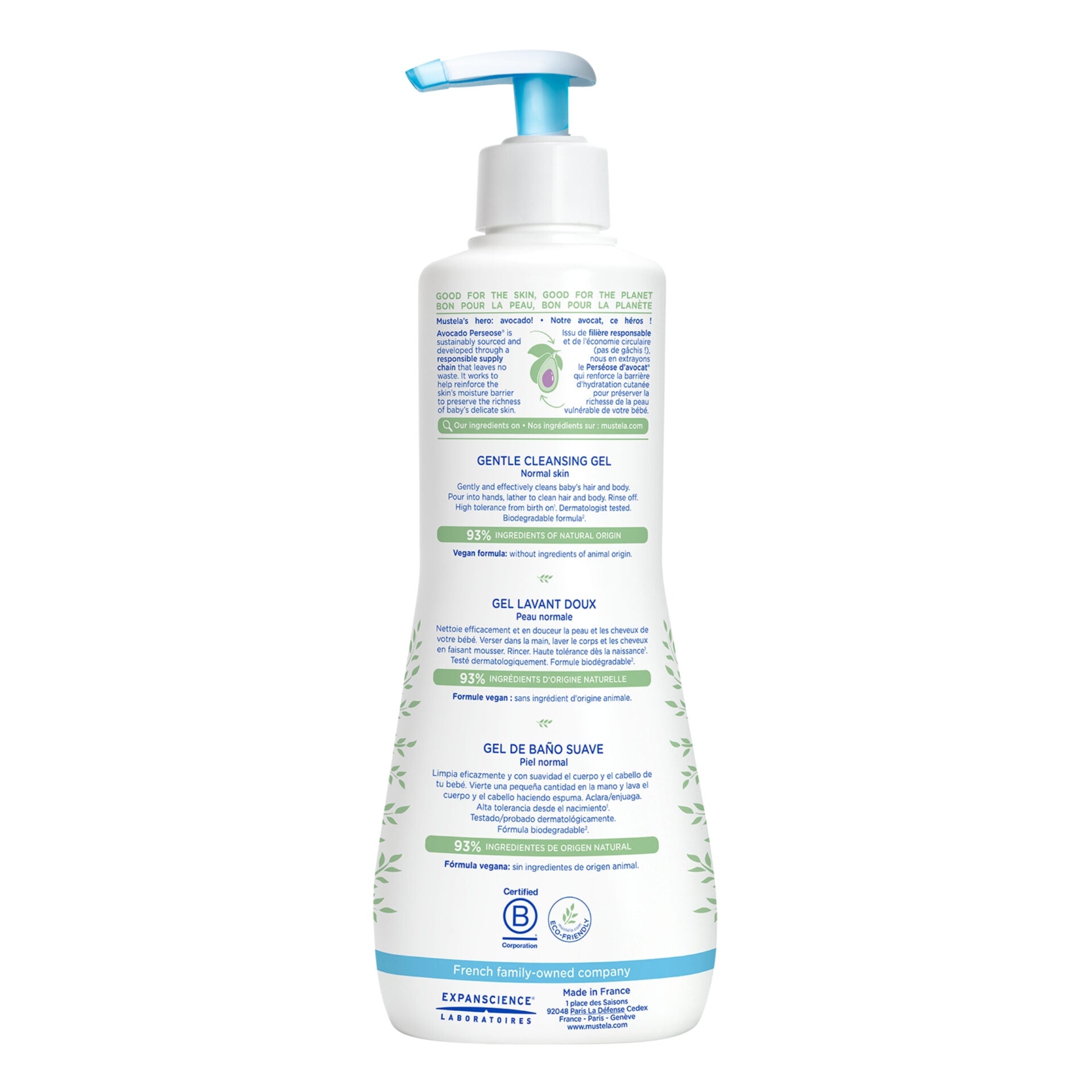 Mustela baby cleansing gel with organic avocado 500ml 93% natural vegan formula dermatologically tested for newborns