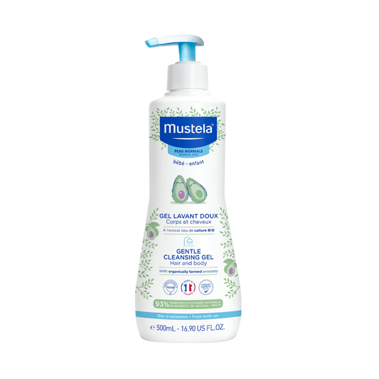 Mustela Gentle Cleansing Gel with Avocado 500ml pump bottle for gentle daily cleansing of baby's skin and hair from birth
