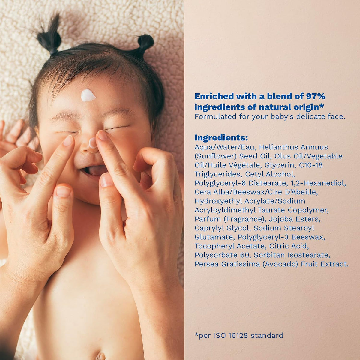 Mustela Hydra Baby Facial Cream applied morning and evening to hydrate and protect delicate baby face from birth