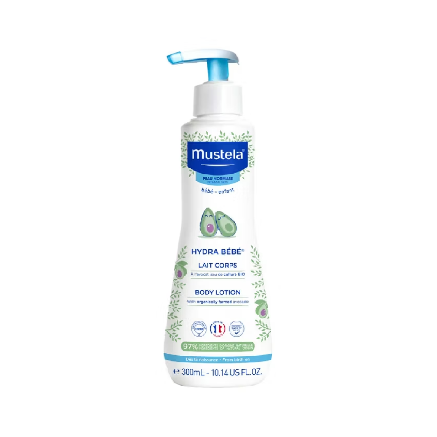 Mustela Hydra Bebe Body Lotion 300ml with organic Avocado for immediate long-lasting hydration of baby's skin from birth