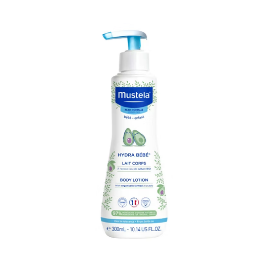 Mustela Hydra Bebe Body Lotion 300ml with organic Avocado for immediate long-lasting hydration of baby's skin from birth