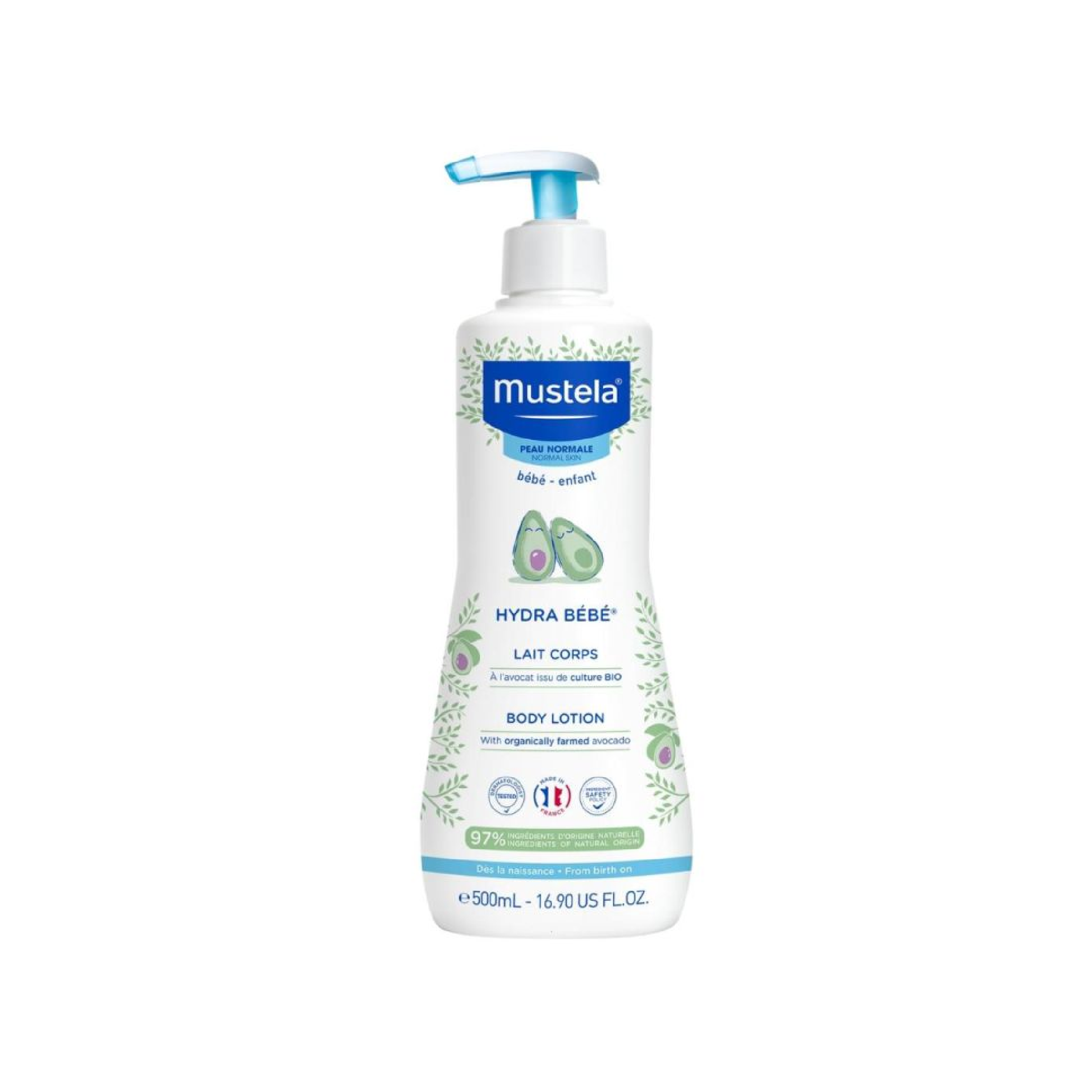 Mustela Hydra Bebe Body Lotion 500ml with organic Avocado for immediate long-lasting hydration of baby's skin from birth