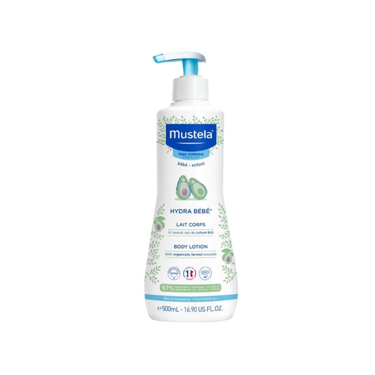 Mustela Hydra Bebe Body Lotion 500ml with organic Avocado for immediate long-lasting hydration of baby's skin from birth