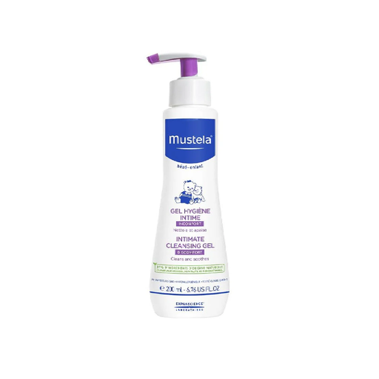 Mustela Intimate Hygiene Cleansing Gel 200ml for gentle daily cleansing of baby's nappy area with Aloe Vera and Avocado physiological pH