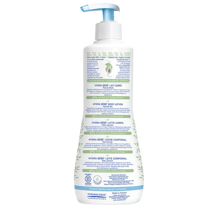 Mustela Hydra Bebe Body Lotion 500ml eco-friendly recyclable pump bottle daily baby moisturiser with Sunflower Oil and Beeswax