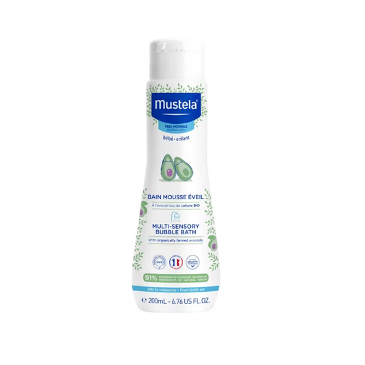Mustela Multi-Sensory Bubble Bath 200ml with blue foam and Avocado Perseose for gentle baby bath time from birth