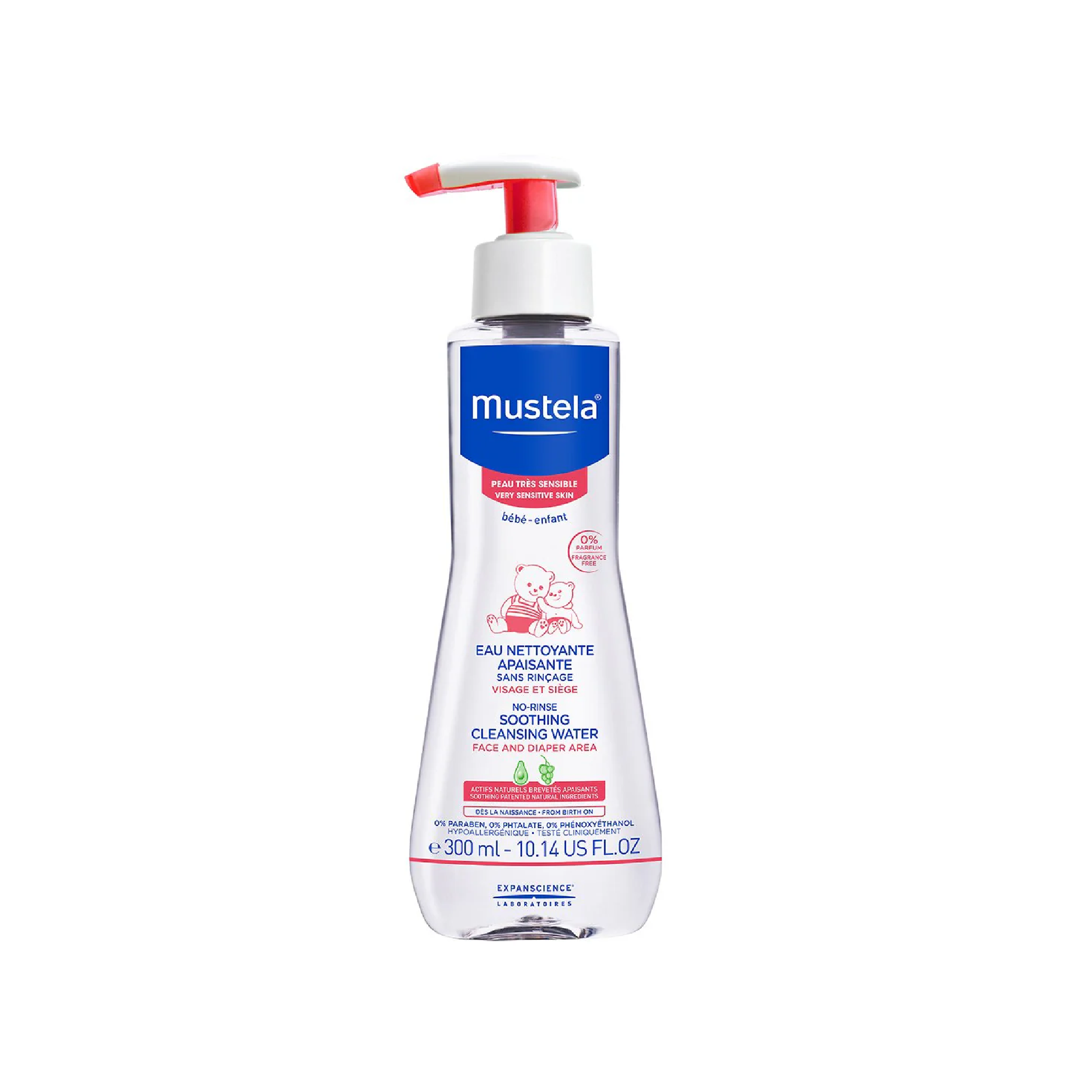 Mustela No Rinse Soothing Cleansing Water 300ml pump bottle for very sensitive baby skin face body and nappy area from birth