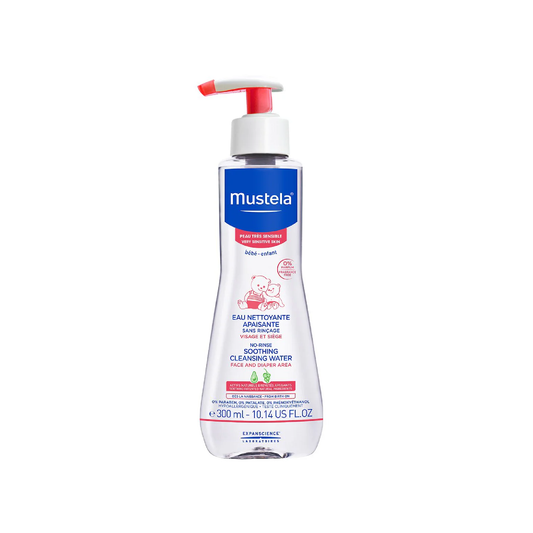 Mustela No Rinse Soothing Cleansing Water 300ml pump bottle for very sensitive baby skin face body and nappy area from birth
