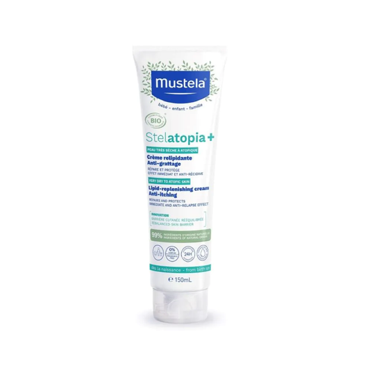 Mustela Stelatopia+ Lipid-Replenishing Cream 150ml organic anti-itch cream for very dry and atopic baby skin from birth Cosmos Organic certified