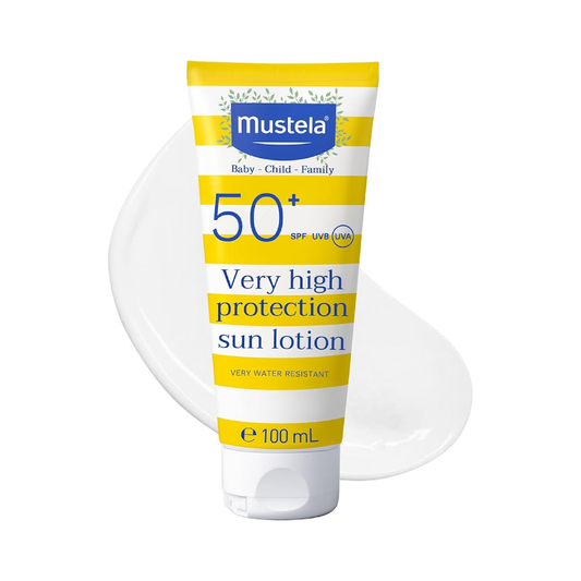 Mustela Very High Protection Sun Lotion SPF50+ 100ml fragrance-free tube for baby children and family from birth with organic Avocado Perseose