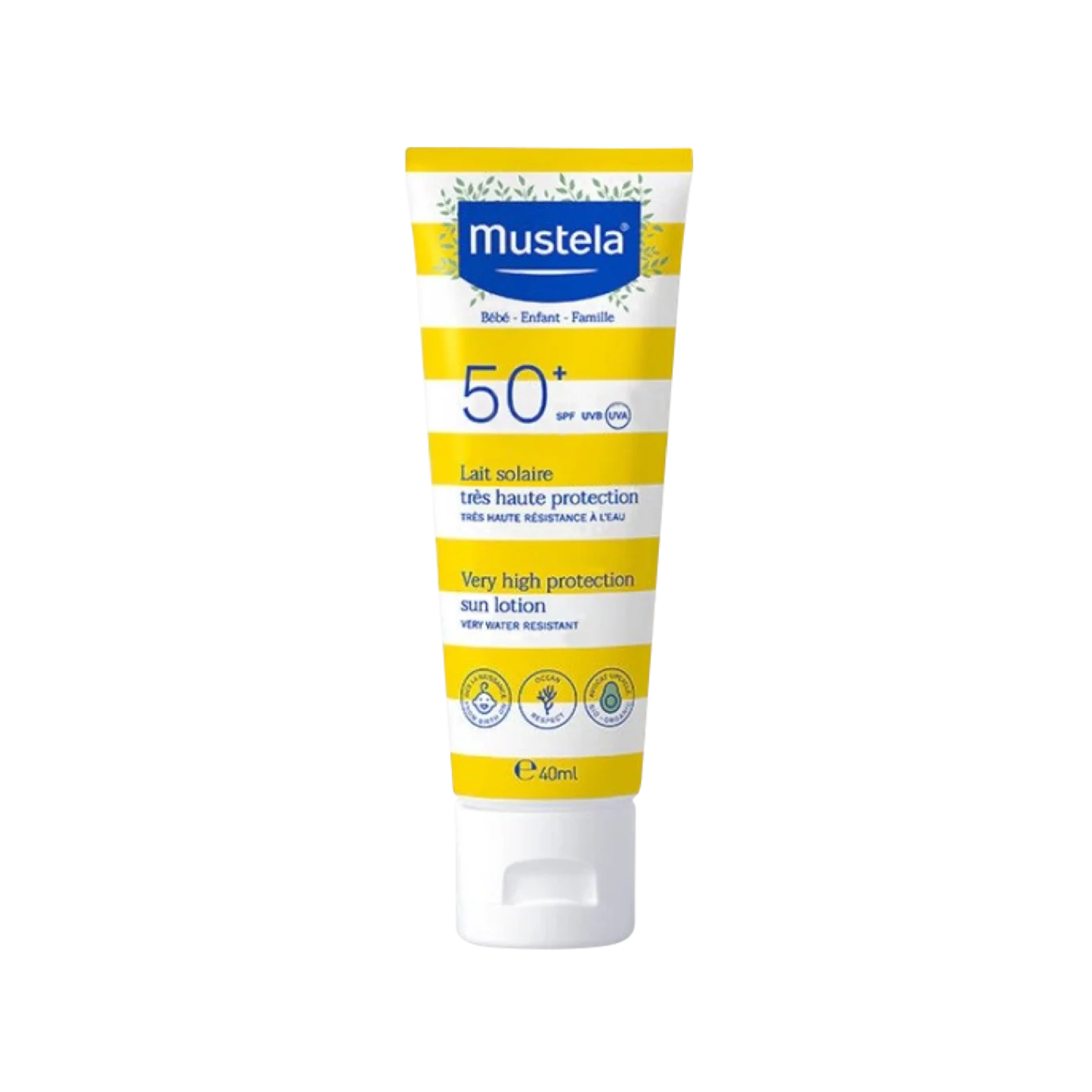 Mustela Very High Protection Sun Lotion SPF50+ 40ml travel tube fragrance-free for baby children and family from birth with organic Avocado Perseose