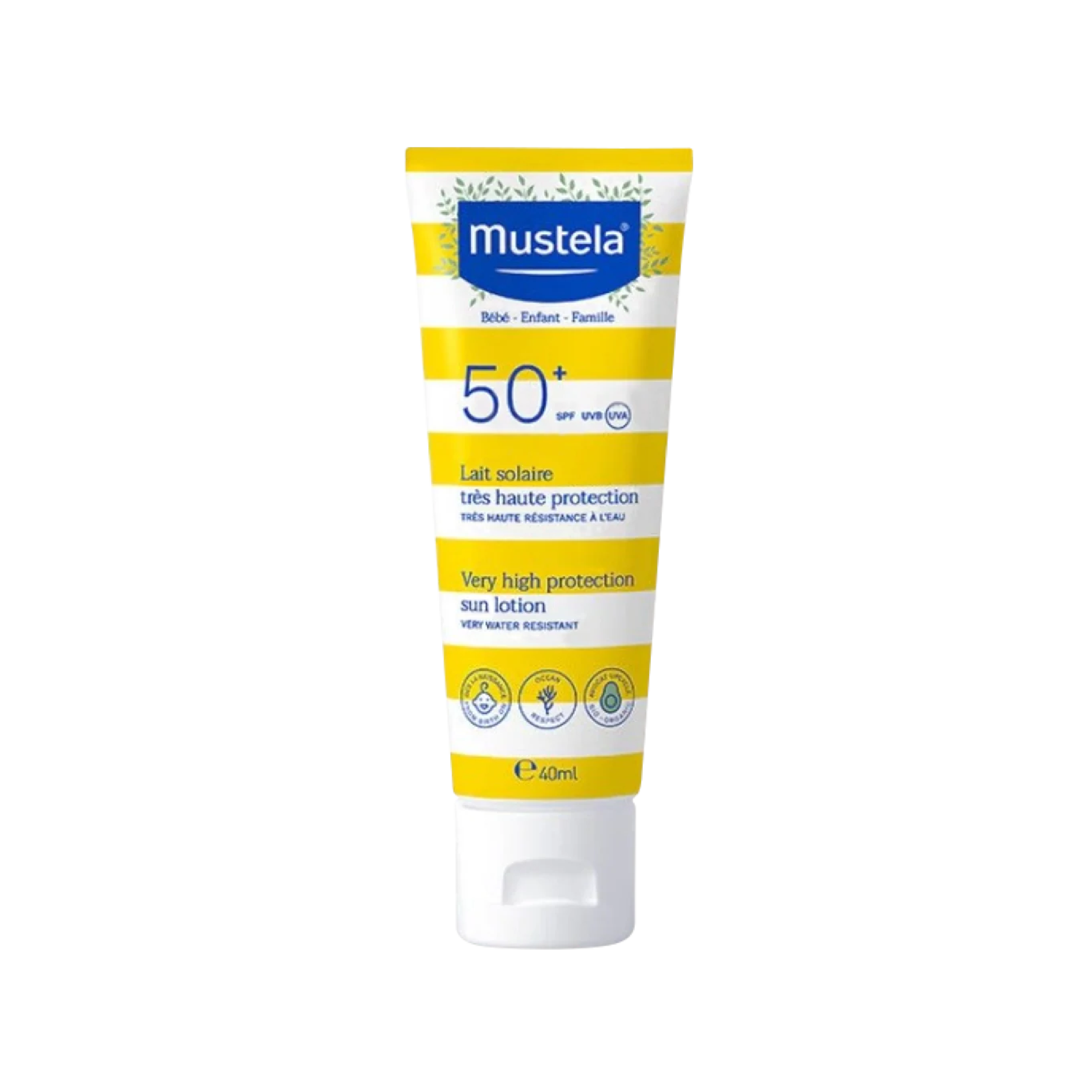 Mustela Very High Protection Sun Lotion SPF50+ 40ml travel tube fragrance-free for baby children and family from birth with organic Avocado Perseose