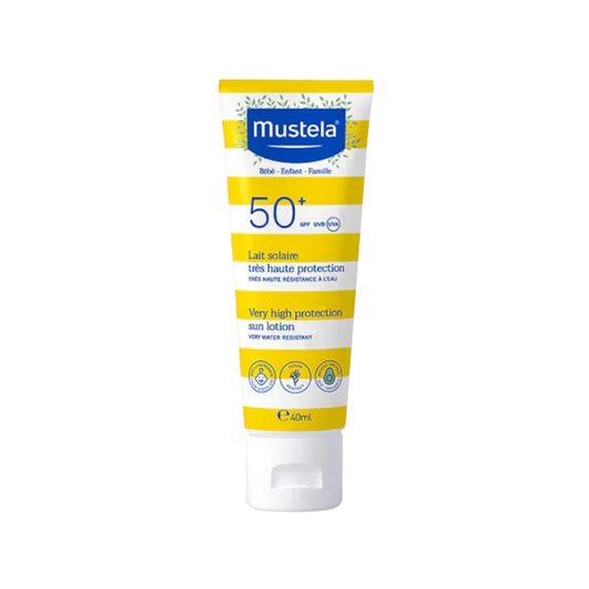 Mustela Very High Protection Sun Lotion SPF50+ 40ml travel tube fragrance-free for baby children and family from birth with organic Avocado Perseose