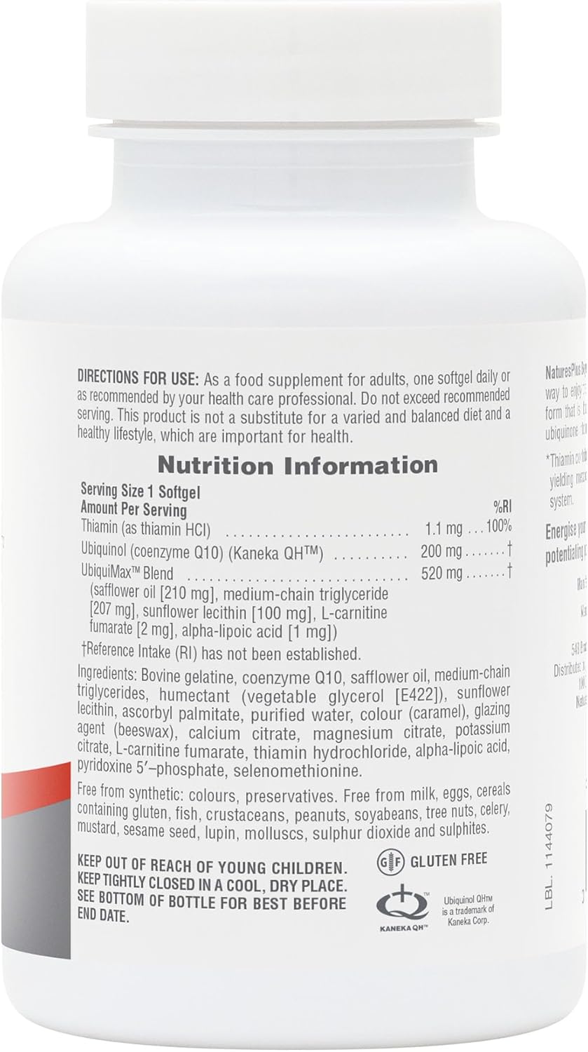 Nature's Plus Beyond CoQ10 with Ubiquimax absorption complex, alpha-lipoic acid and L-carnitine helping to maximise ubiquinol bioavailability and antioxidant activity