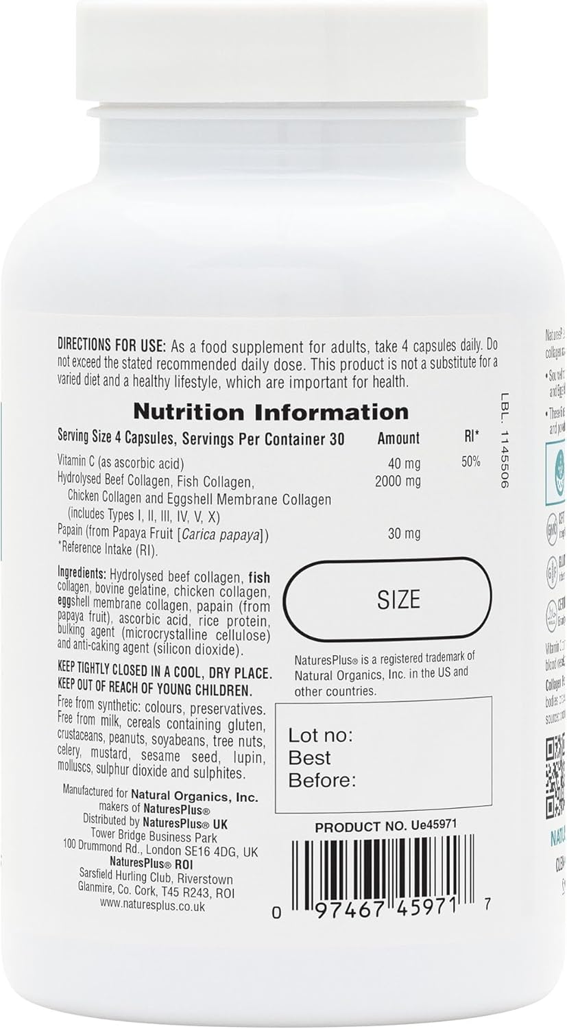  Nature's Plus Collagen Peptides with papaya collagen-digesting enzymes helping to promote absorption of all six major collagen types for skin, joints and bones