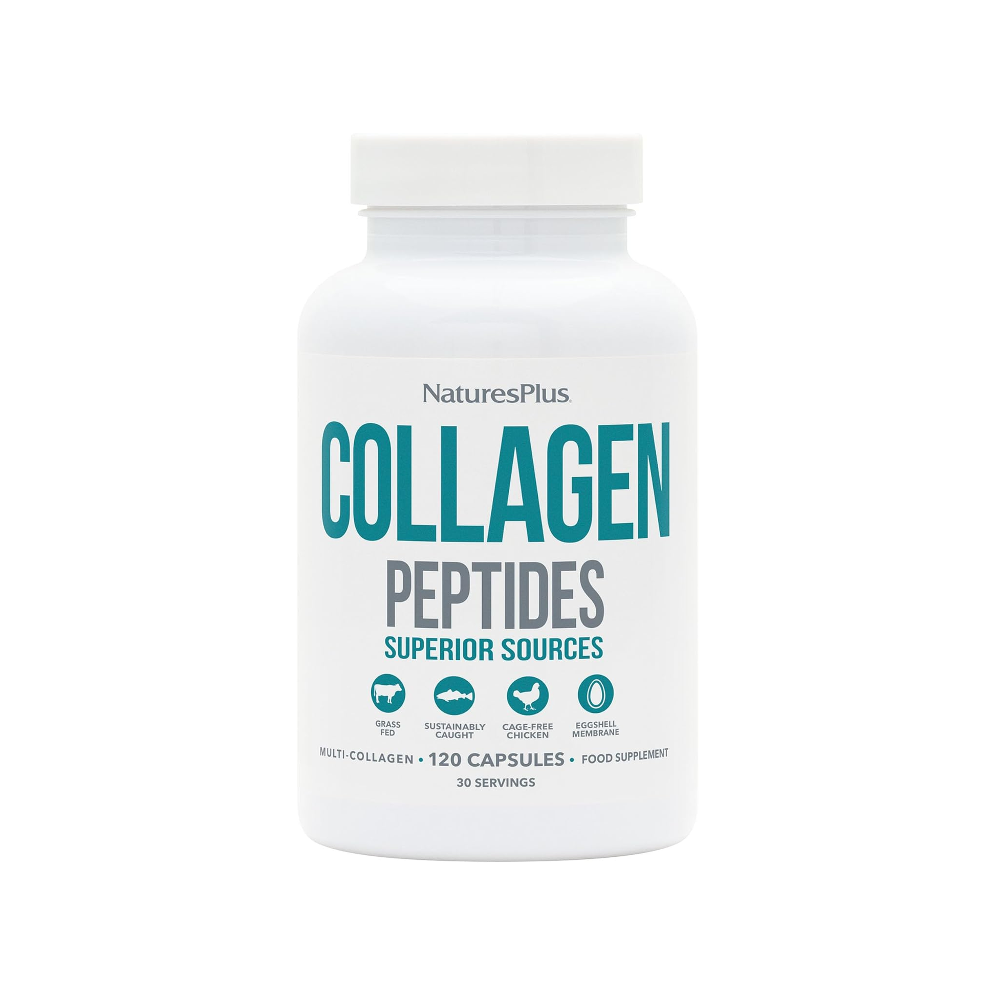 Nature's Plus Collagen Peptides 120 capsules with six types of hydrolysed collagen from grass-fed beef, fish, chicken and eggshell for whole-body support