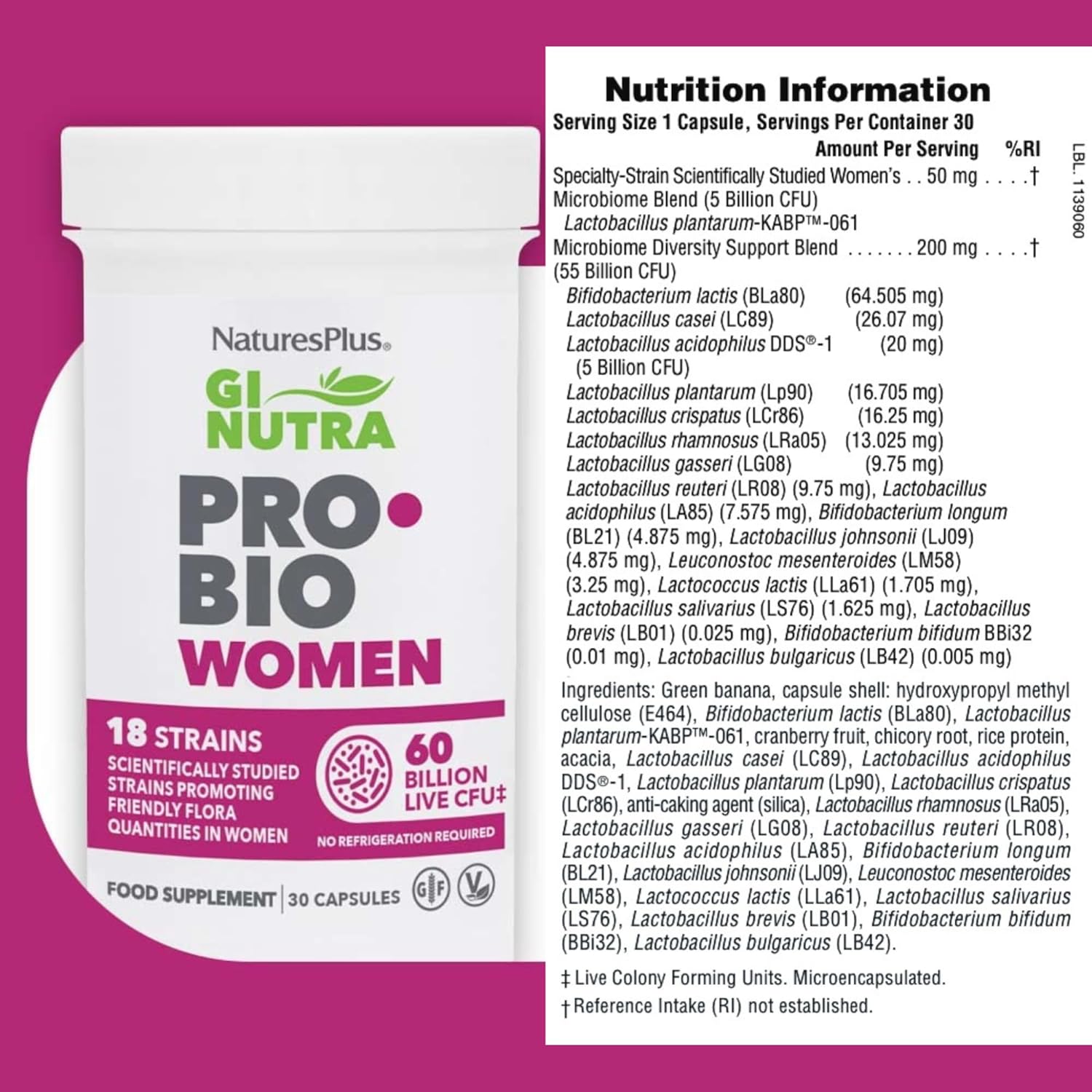Nature's Plus GI Nutra Pro Bio Women with Lactobacillus plantarum KABP-061 reuteri rhamnosus and green banana acacia chicory