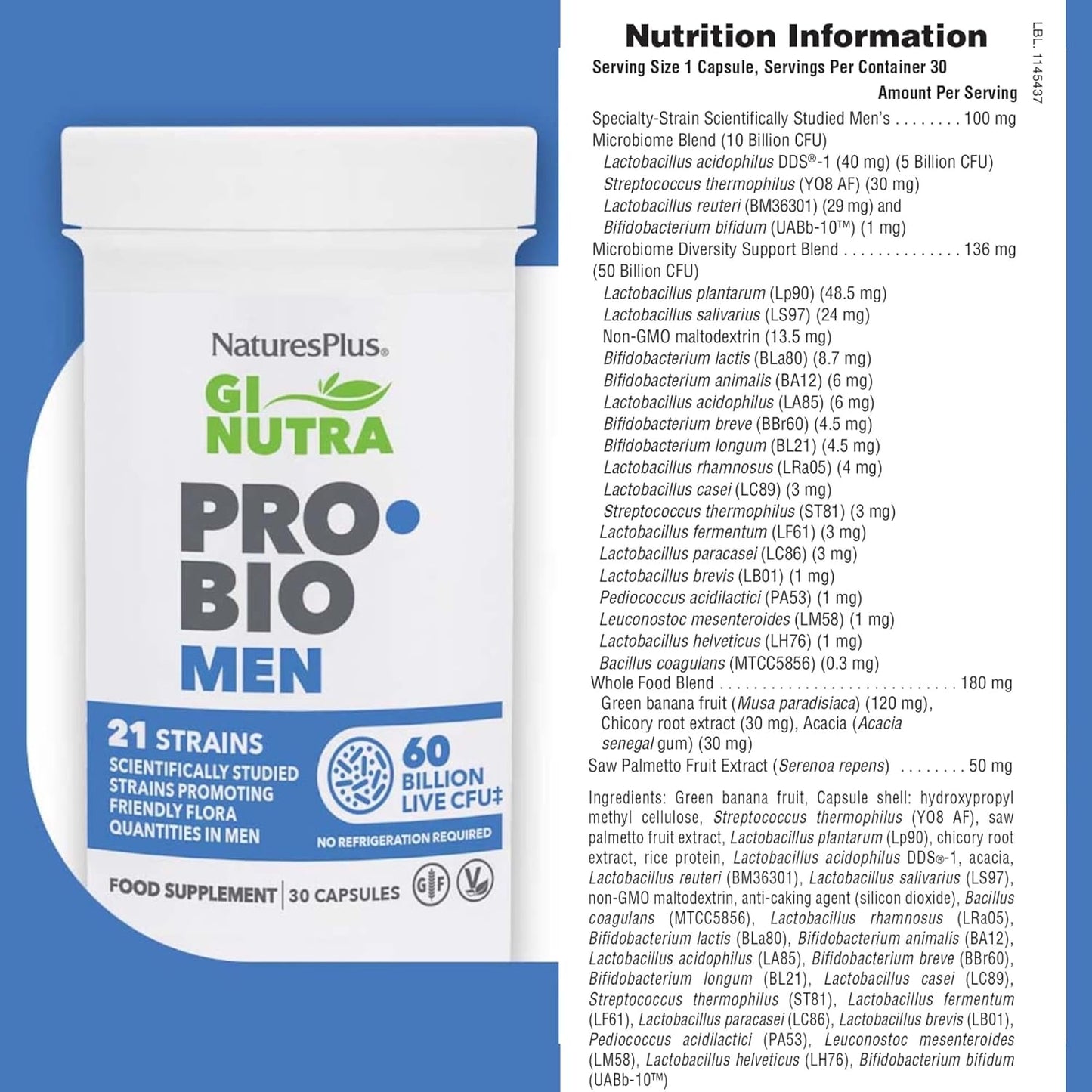 Nature's Plus GI Nutra Pro Bio Men with Lactobacillus reuteri BM36301 saw palmetto and green banana acacia chicory prebiotic