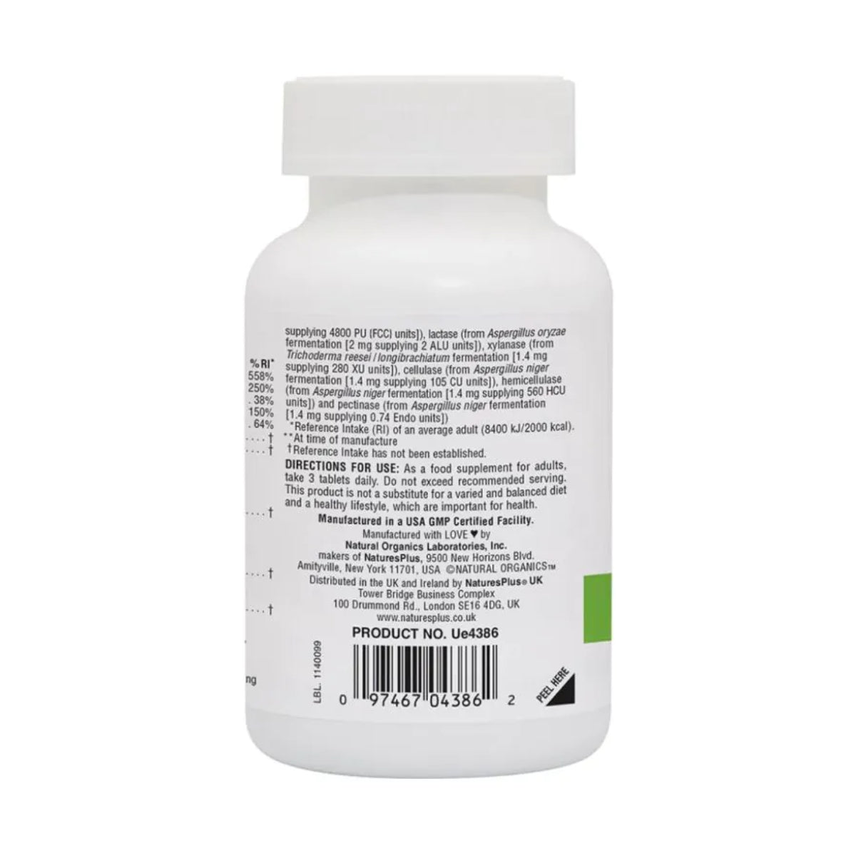 Nature's Plus GI Total Digestive Wellness Nutra for adults showing directions for use barcode and UK distribution details on back of white bottle