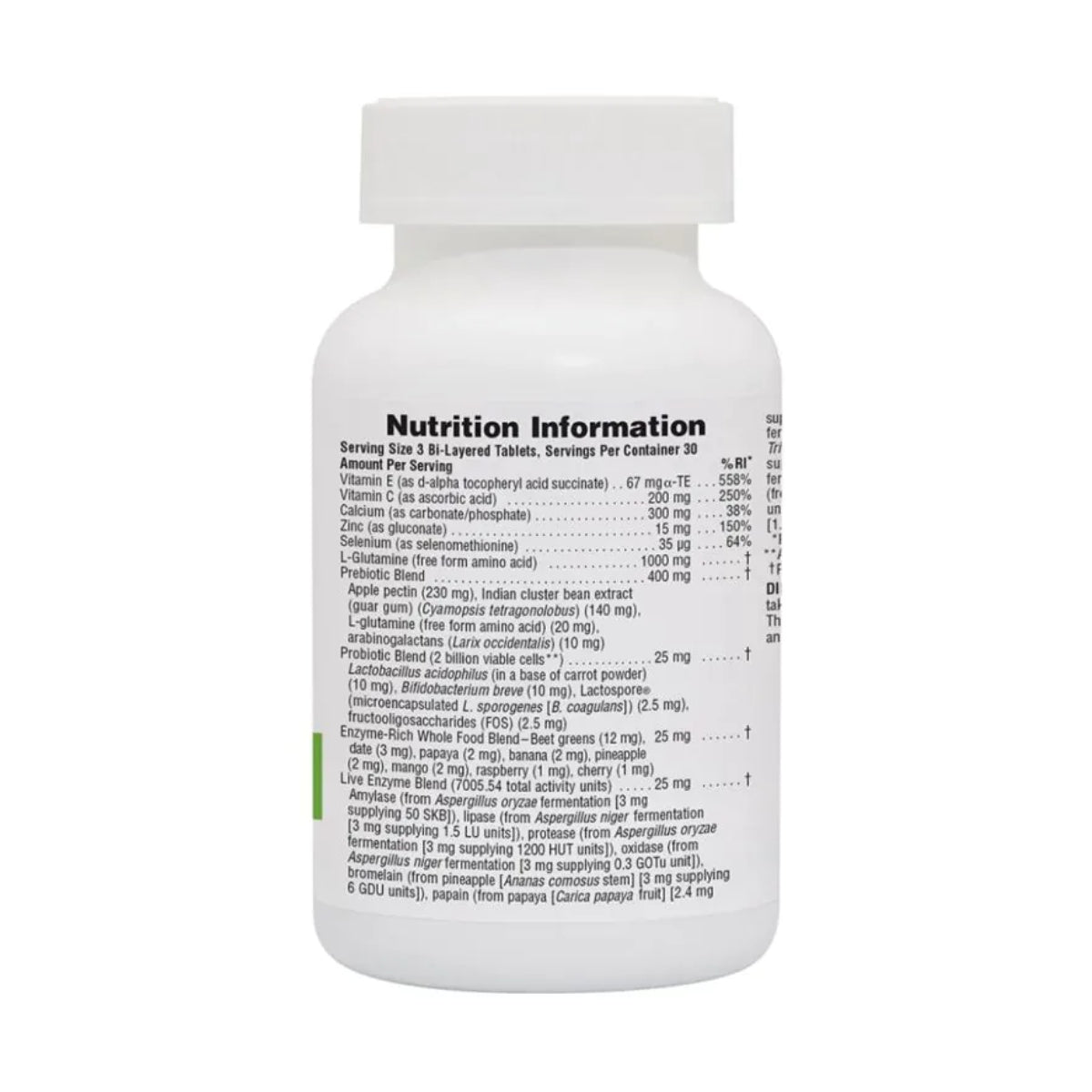 Nature's Plus GI Total Digestive Wellness Nutra nutrition information panel showing L-glutamine probiotic blend prebiotic blend and live enzyme blend per serving of 3 tablets