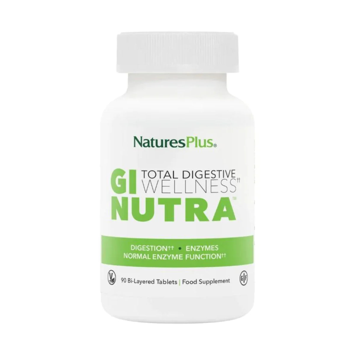 Nature's Plus GI Total Digestive Wellness Nutra 90 bi-layered tablets food supplement white bottle with green label vegan and gluten free certified