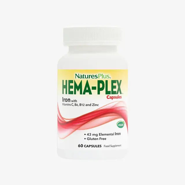 Nature's Plus Hema-Plex Iron 60 capsules high-potency chelated iron supplement with 85mg per capsule for gentle daily absorption