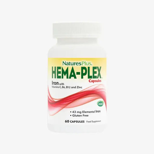 Nature's Plus Hema-Plex Iron 60 capsules high-potency chelated iron supplement with 85mg per capsule for gentle daily absorption