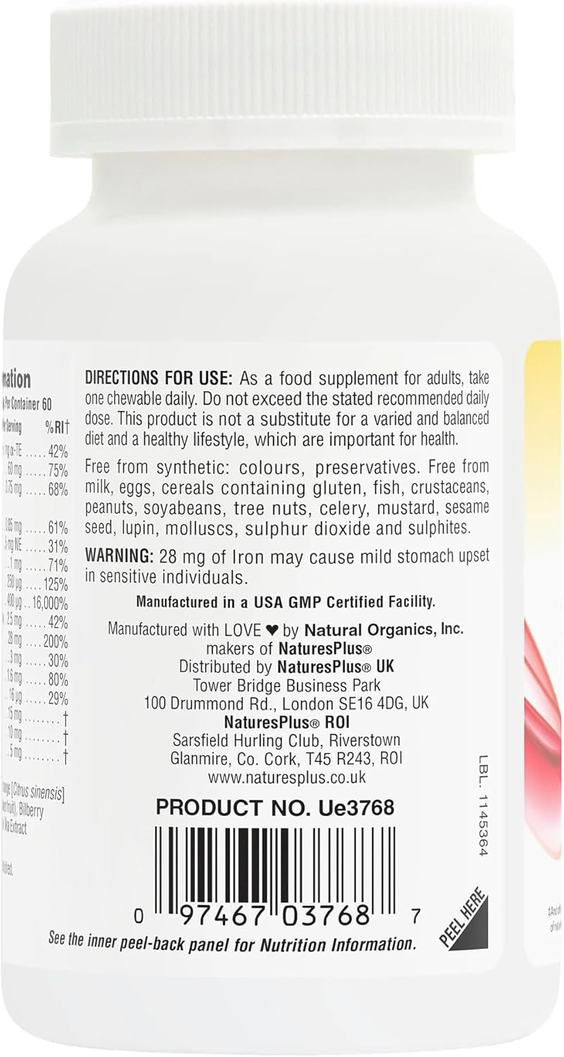 Nature's Plus Hema Plex chewable iron for those seeking a gentle non-constipating vegan iron supplement in a natural cherry and raspberry flavour