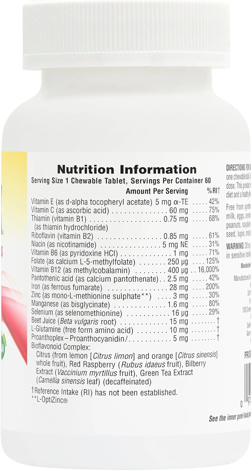 Nature's Plus Hema Plex with methylcobalamin B12, folate and Proanthoplex bioflavonoid complex helping to support normal iron metabolism and red blood cells