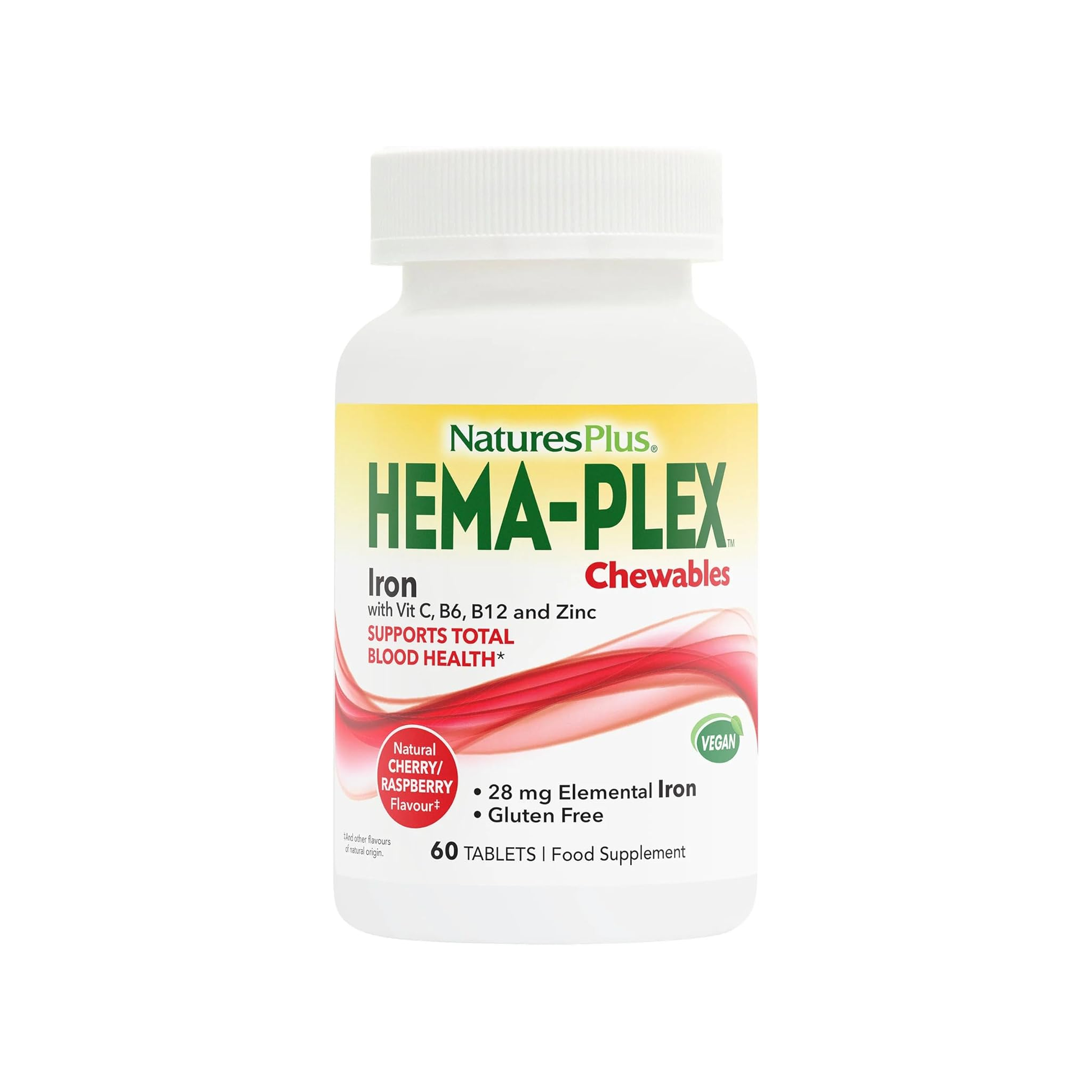 Hero Nature's Plus Hema Plex Chewable Iron 60 tablets with ferrous bisglycinate and Vitamin C for gentle daily iron and blood health support