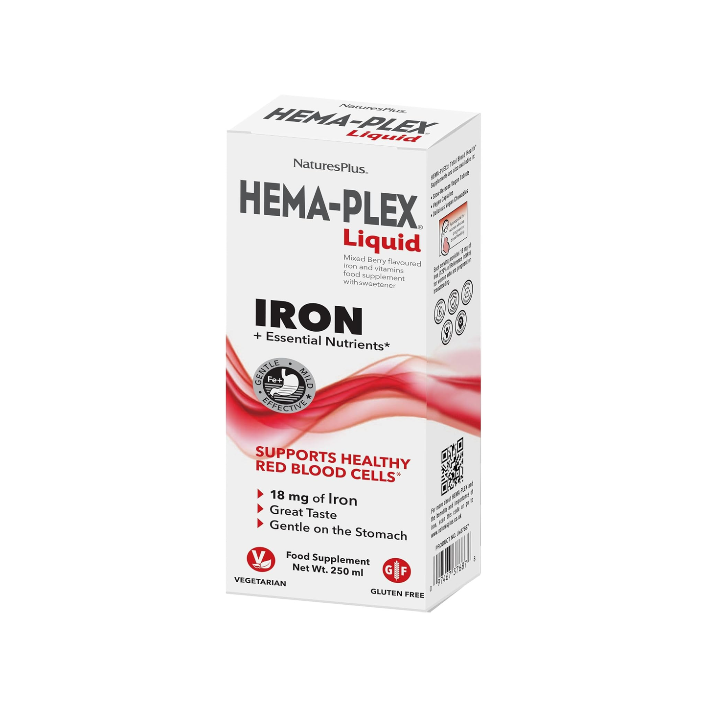 Nature's Plus Hema Plex Iron Liquid Mixed Berry 250ml with 18mg elemental iron for blood health and energy support