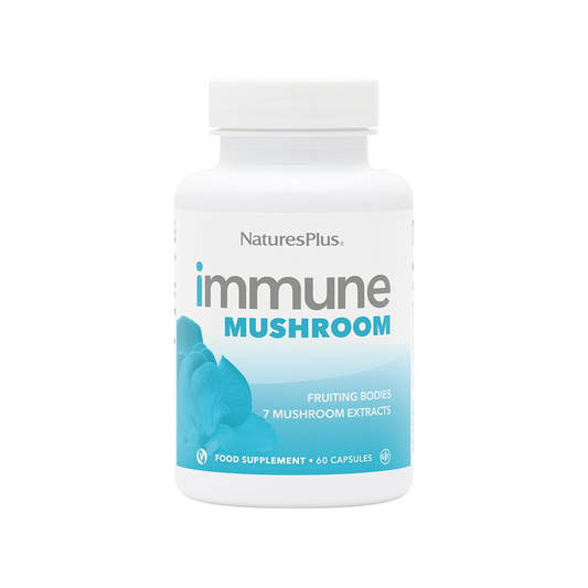 Nature's Plus Immune Mushroom 60 capsules seven mushroom fruiting body extracts with vitamin D3 vegan and gluten free