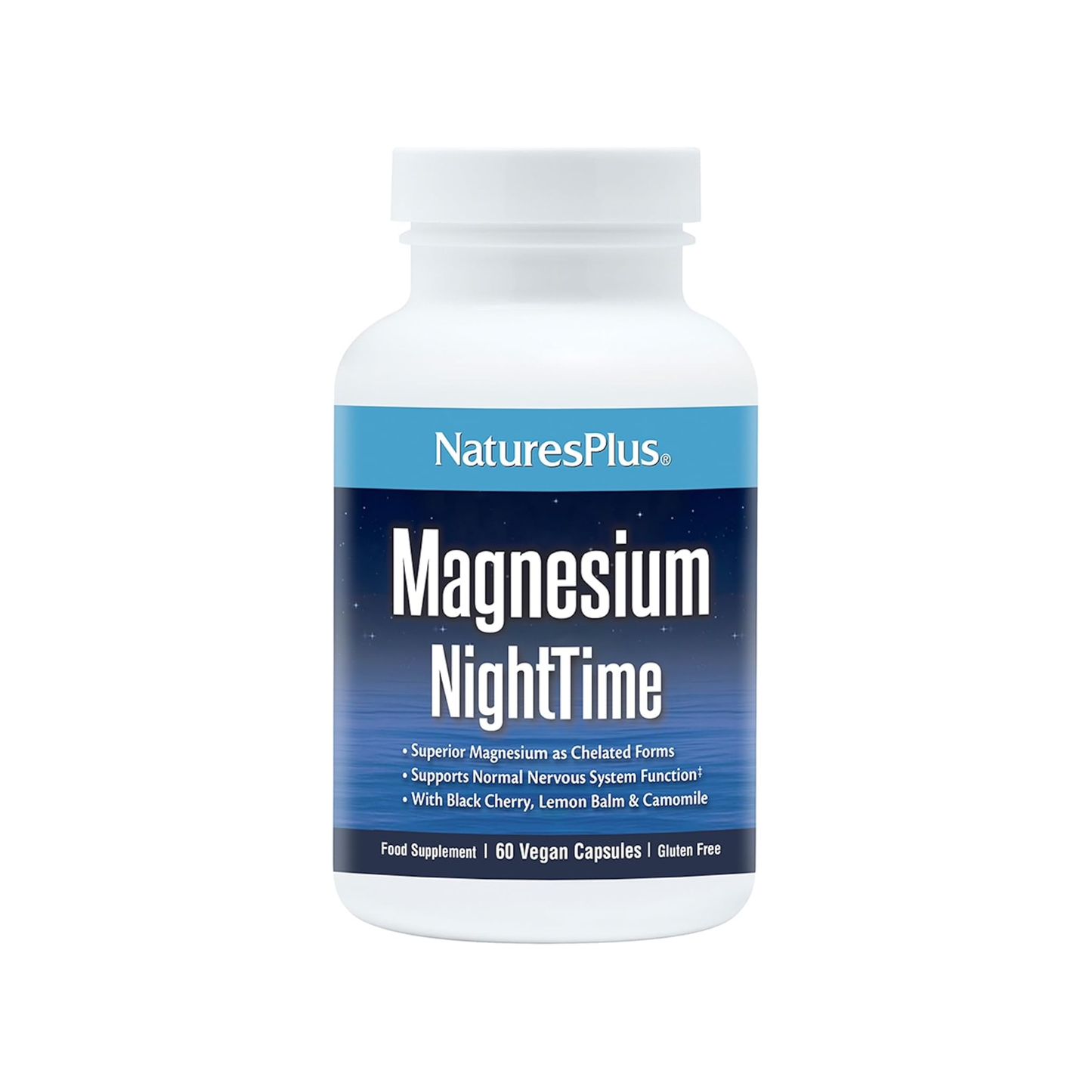 Nature's Plus Magnesium Night Time 60 capsules magnesium bisglycinate taurate with B6 P5P chamomile ashwagandha and lemon balm