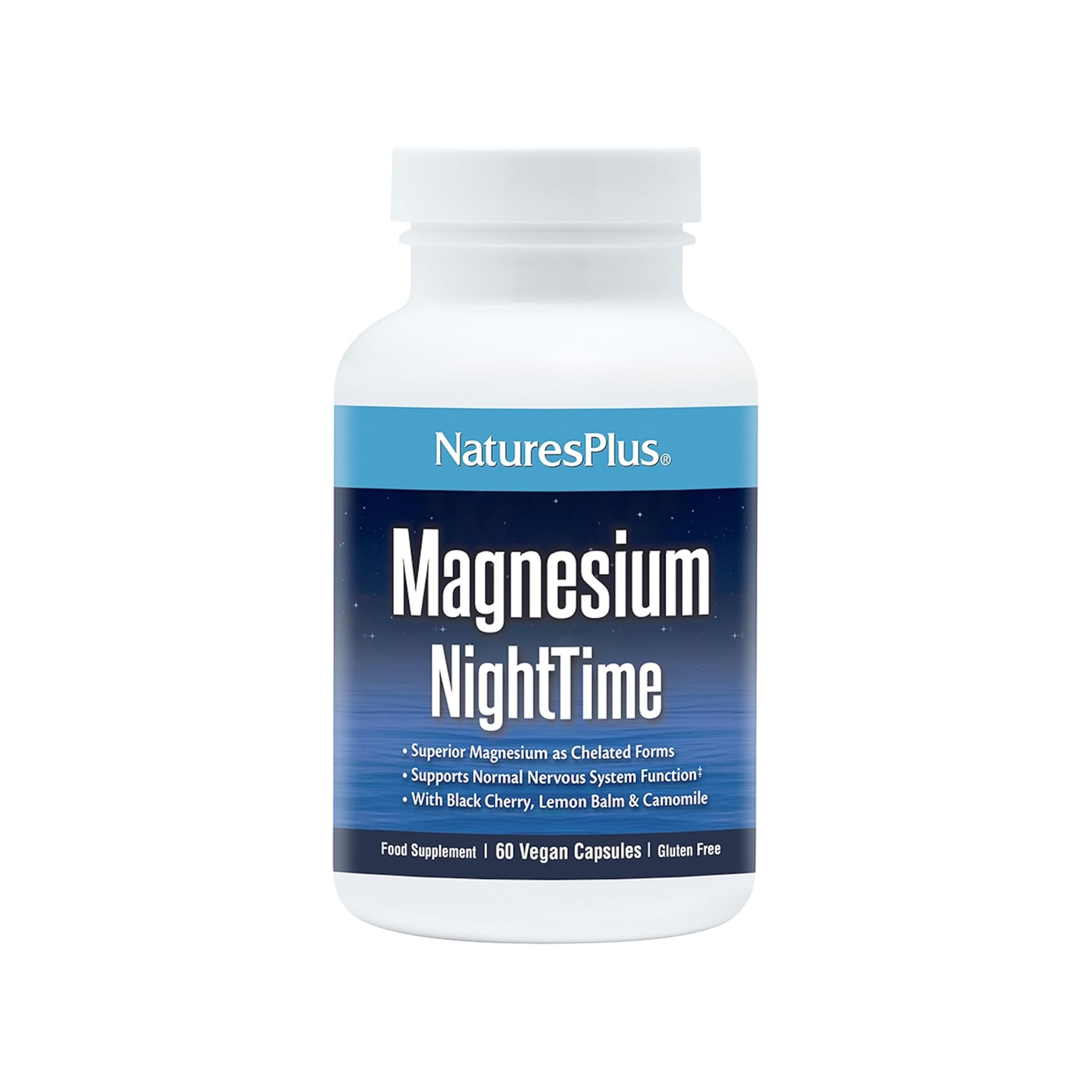 Nature's Plus Magnesium Night Time 60 capsules magnesium bisglycinate taurate with B6 P5P chamomile ashwagandha and lemon balm