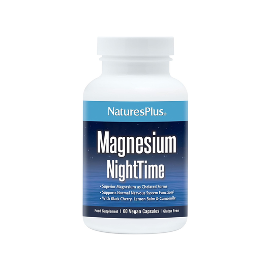 Nature's Plus Magnesium Night Time 60 capsules magnesium bisglycinate taurate with B6 P5P chamomile ashwagandha and lemon balm