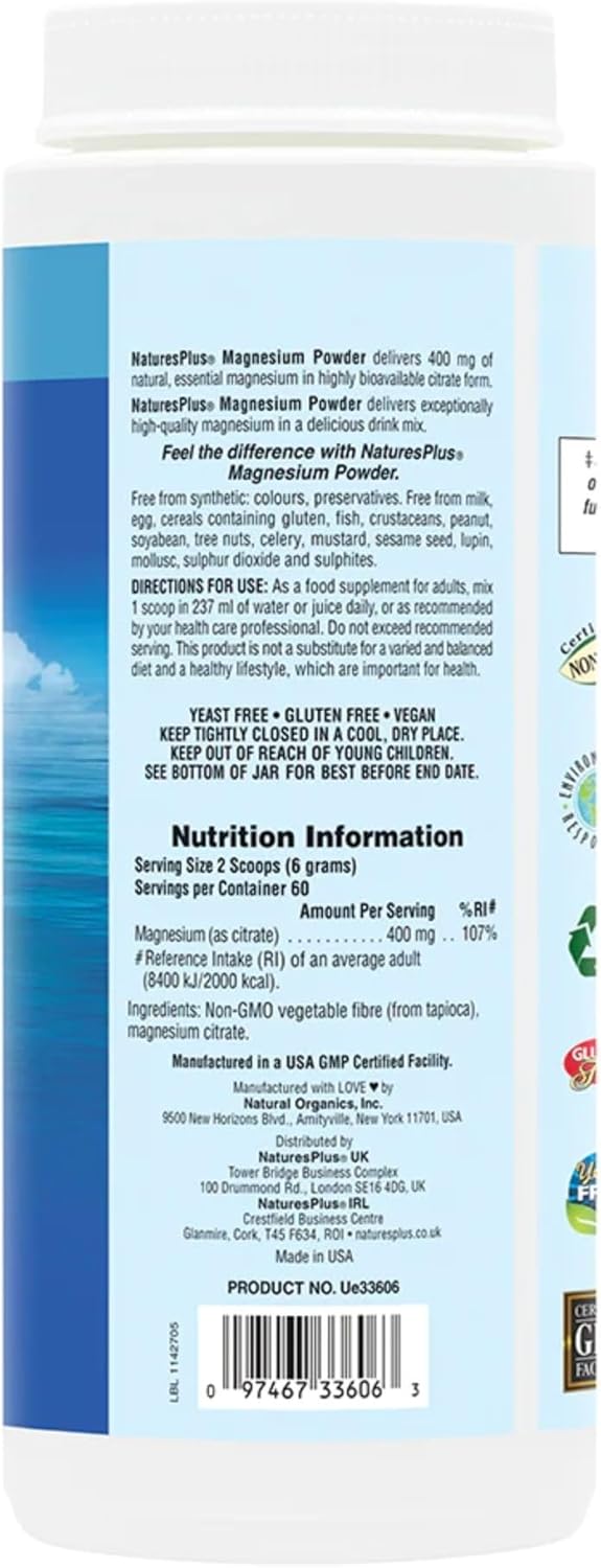 Nature's Plus Magnesium Powder for active adults seeking to reduce tiredness and fatigue and support daily electrolyte balance and wellbeing