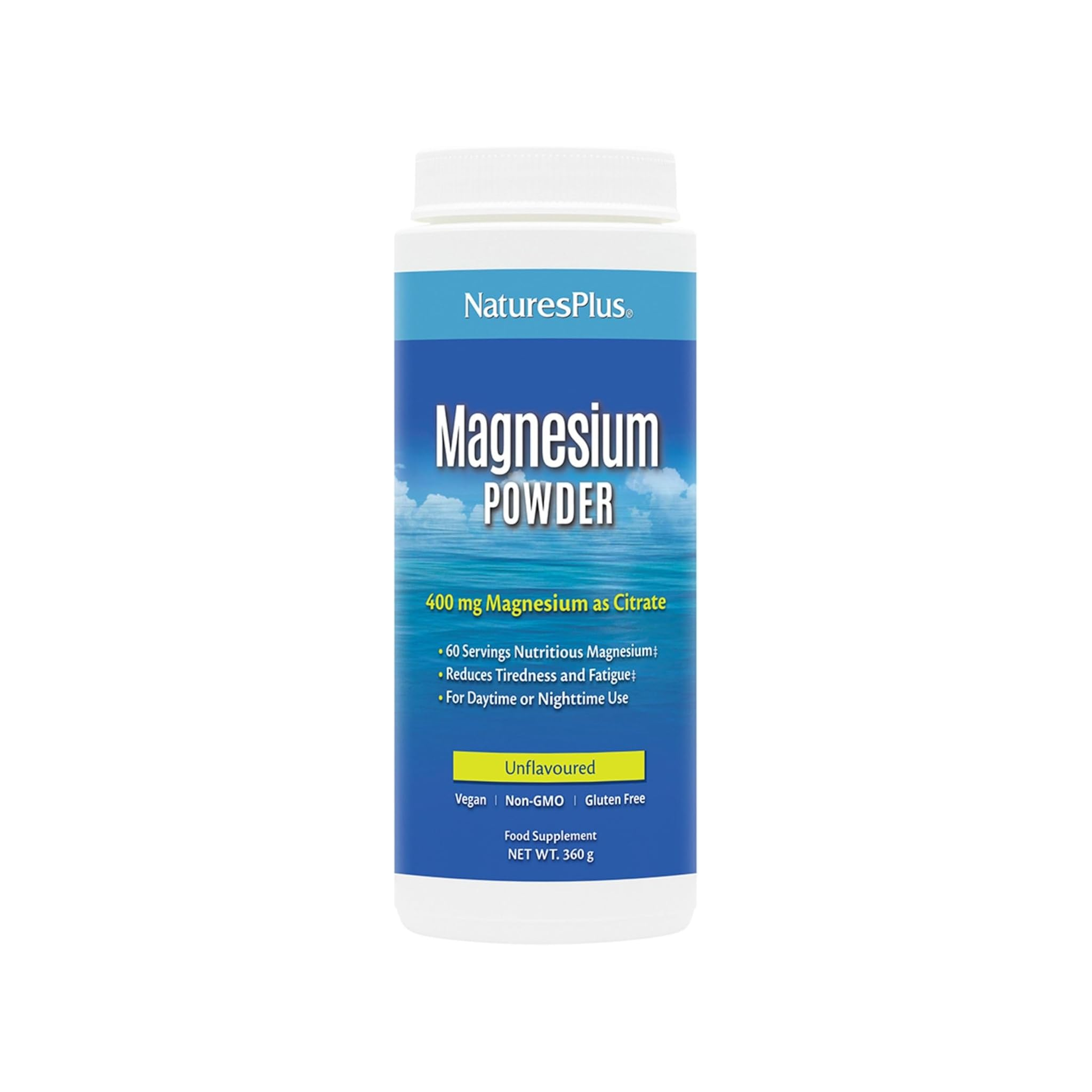 Nature's Plus Magnesium Powder 360g with 400mg magnesium citrate per serving for energy, muscle function and bone support