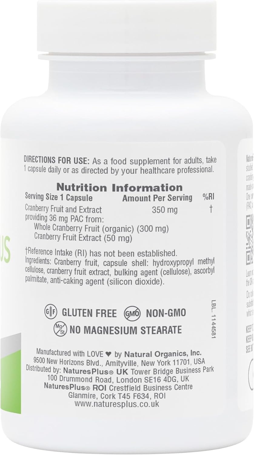 Nature's Plus PRO Cranberry Plus with Cysticran type A proanthocyanidins from whole organic cranberry fruit and extract