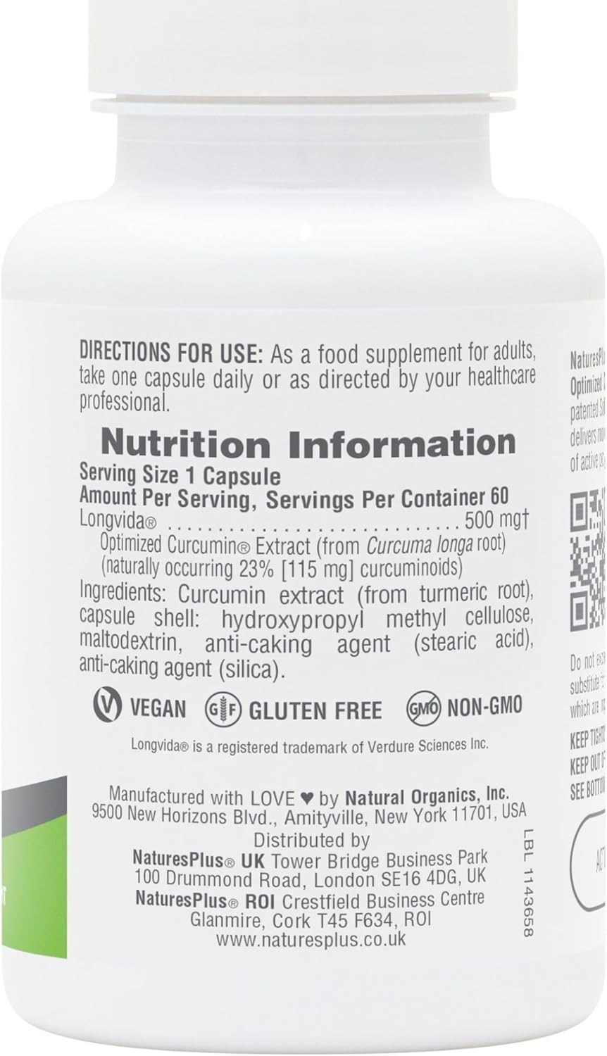 Nature's Plus PRO Curcumin Longvida with curcumin extract from turmeric root using solid lipid curcumin particle technology